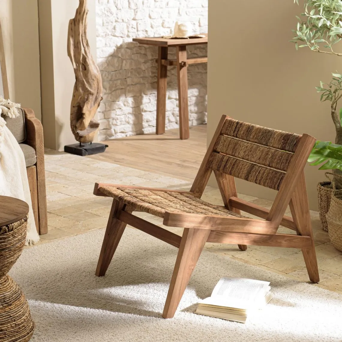 Macabane ALIDA Fauteuil lounge en bois de teck recyclé assise en tissage Marron Sale