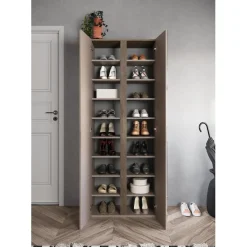 3S. x Home Armoire 2 portes de rangement Ferrare avec Miroir et 10 étageres réglables bronze et chêne L70x185 Online