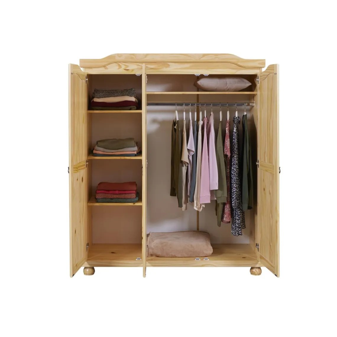 3S. x Home Armoire 4 étagères et Penderie style Campagne en Pin Massif HICTO Hot