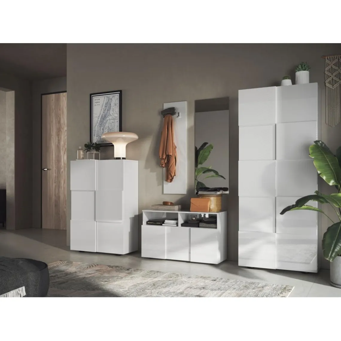 3S. x Home Armoire de couloir Damano 2 Portes Laqué Blanc Brillant L78 x H 187 cm Outlet