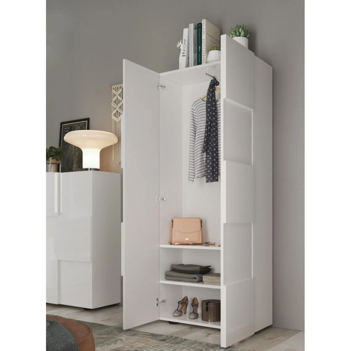 3S. x Home Armoire de couloir Damano 2 Portes Laqué Blanc Brillant L78 x H 187 cm Outlet
