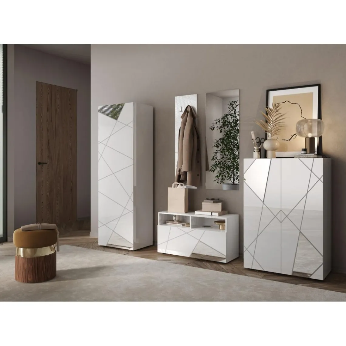 3S. x Home Armoire de couloir Villaricca 1 Porte blanc serigraphie Miroir