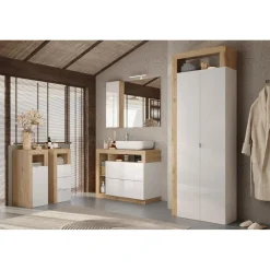 3S. x Home Armoire de rangement salle de bain Ancona 2 Portes 5 étagères coloris Chêne L65xH188 cm Outlet