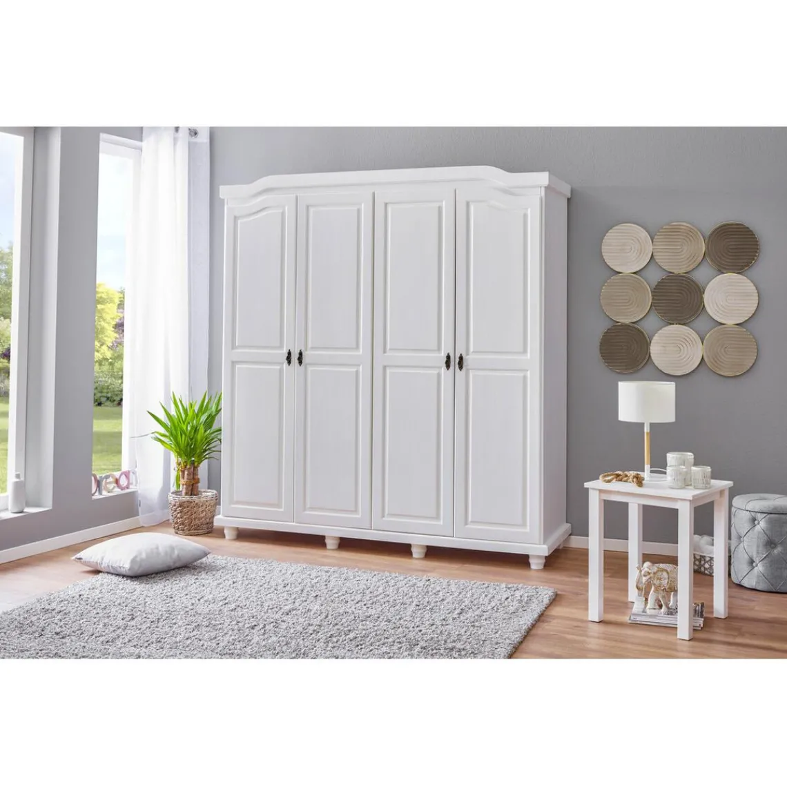 3S. x Home Armoire Rustique FSC 4 Portes Blanc ISNY