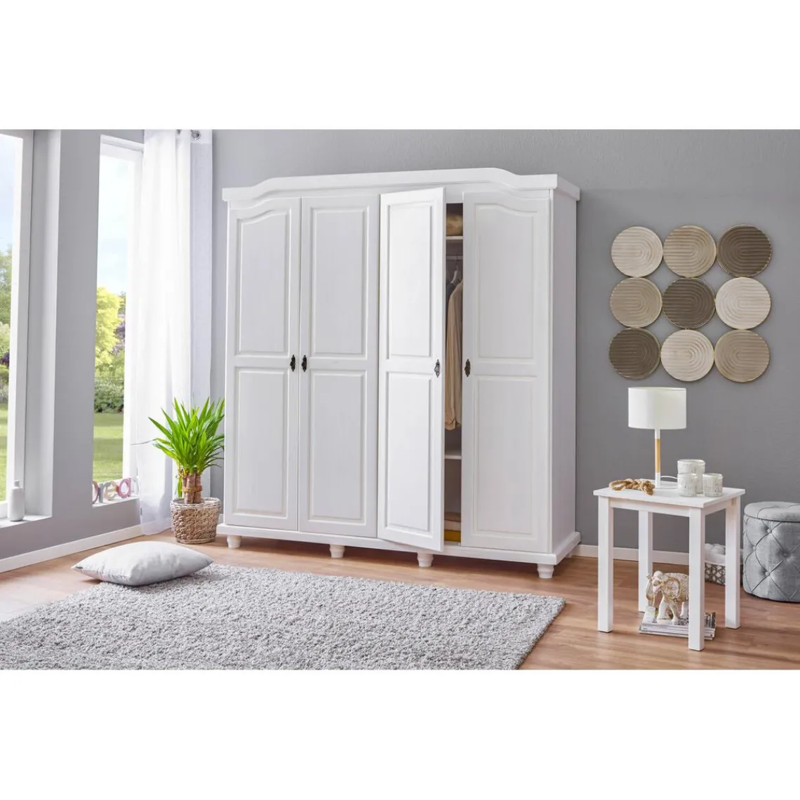 3S. x Home Armoire Rustique FSC 4 Portes Blanc ISNY