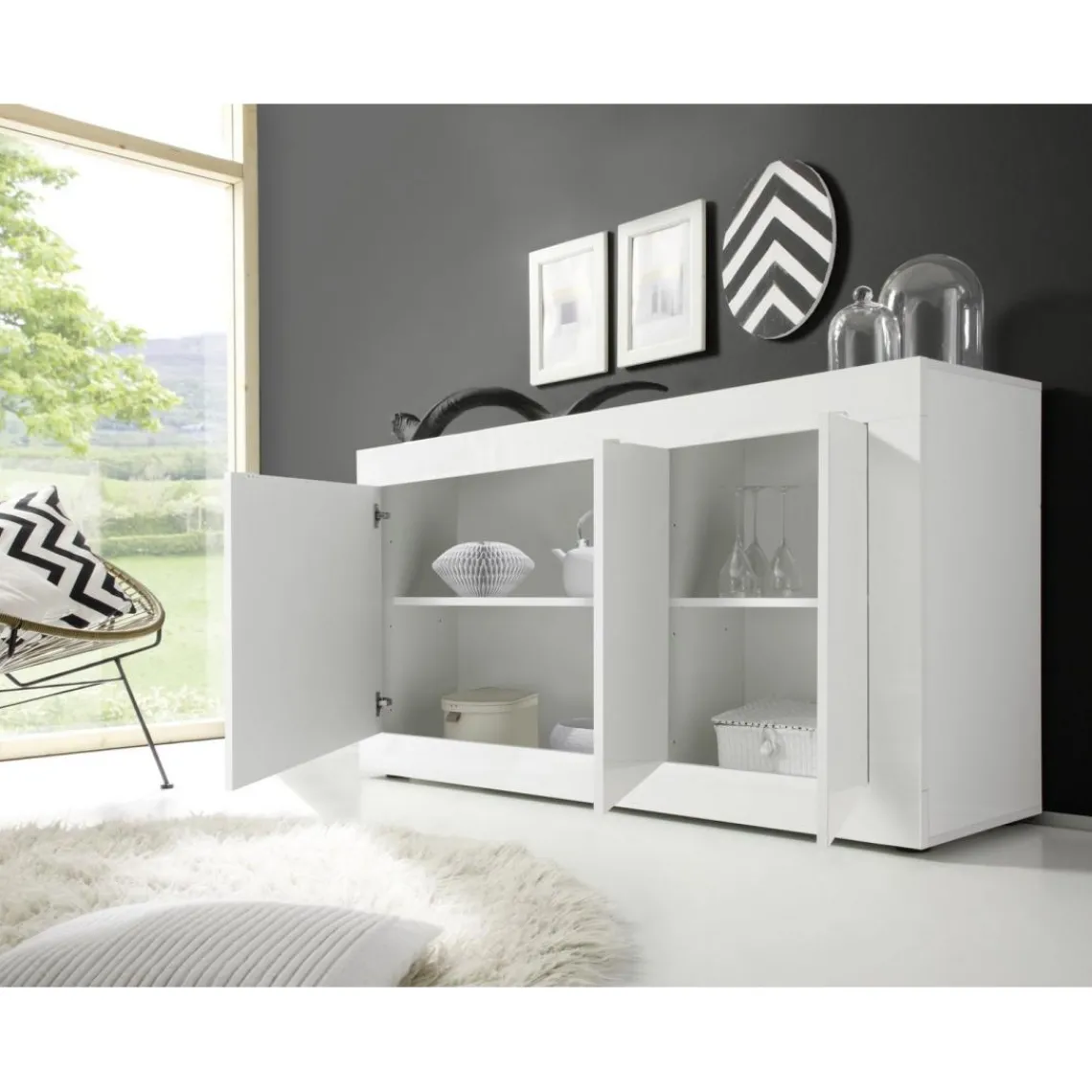 3S. x Home Bahut 3 portes BASIC laqué blanc brillant Best