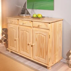 3S. x Home Bahut Bas 3 portes 3 tiroirs Pin massif vernis naturel PASTALE Hot