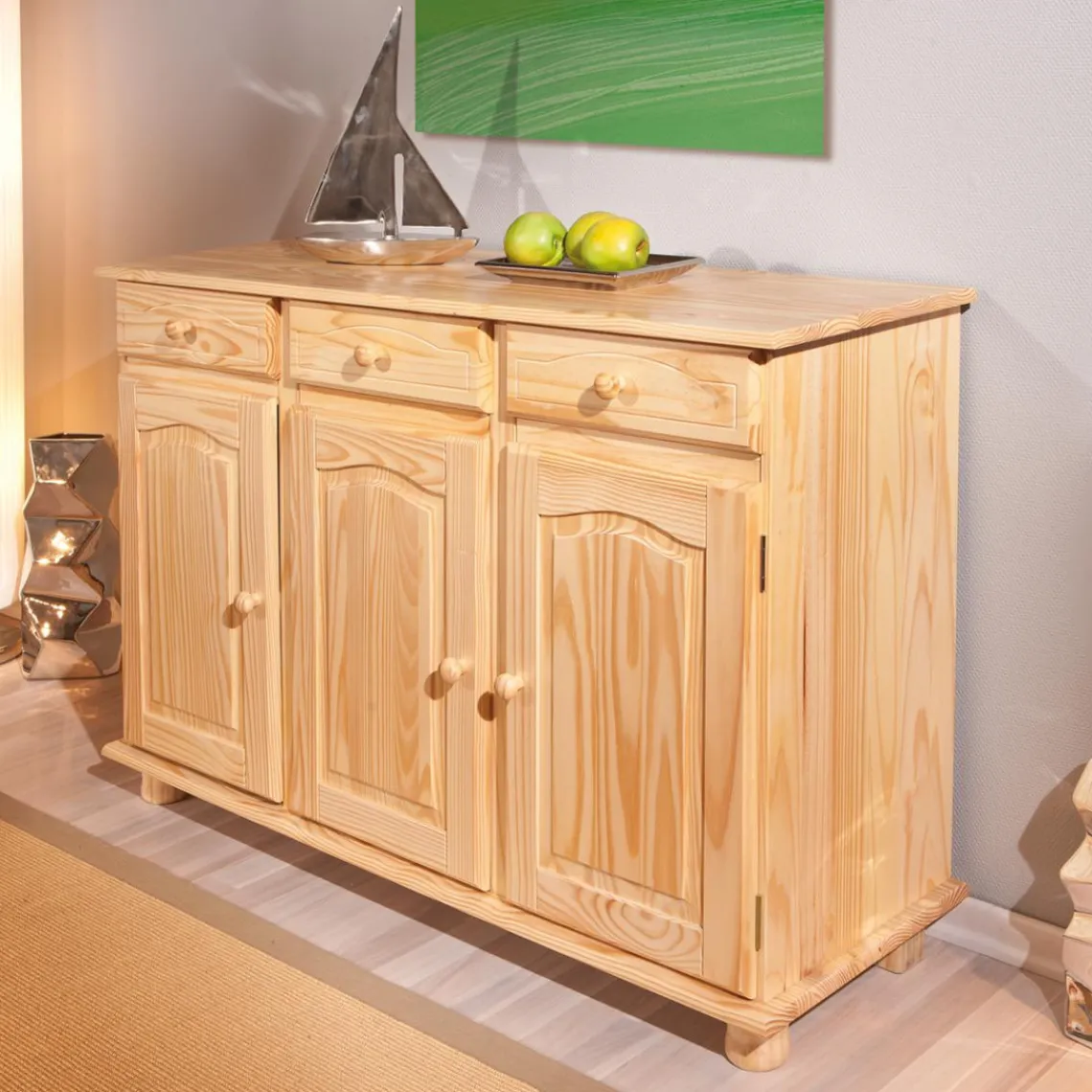 3S. x Home Bahut Bas 3 portes 3 tiroirs Pin massif vernis naturel PASTALE Hot