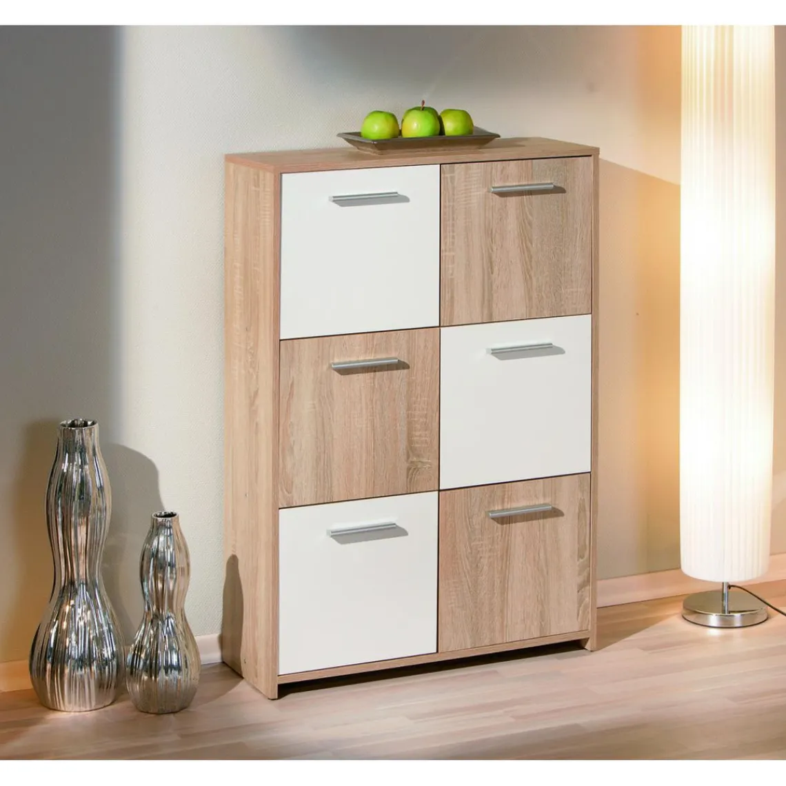3S. x Home Bahut de 6 casiers de rangement en bois 77x30 cm Blanc et Naturel GONDOLA Clearance
