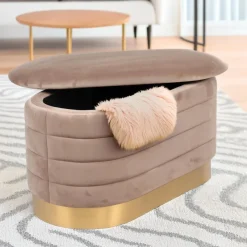 3S. x Home Banquette-coffre moderne matelassée avec base dorée Philae Velours Taupe Discount