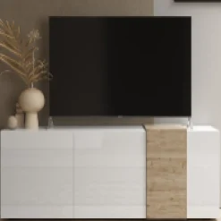 3S. x Home Base TV 3 portes battants blanc lacqué brillant chene Clearance