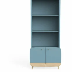 3 SUISSES Bibliothèque 2 tablettes et 2 Portes FIRMIANA bleu orage et pin naturel