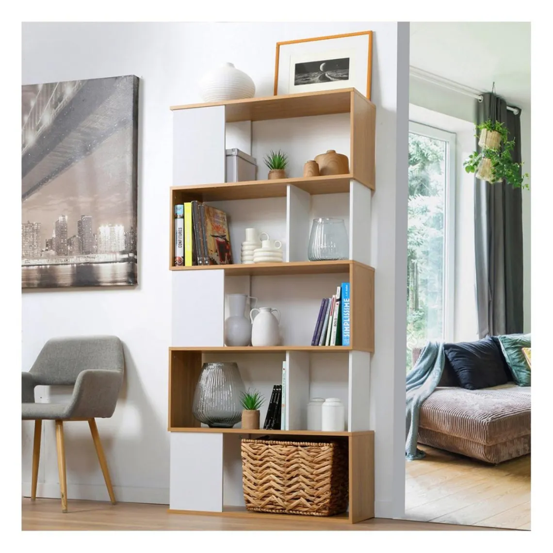 Calicosy Bibliothèque avec Décor Chêne en bois Blanc Discount