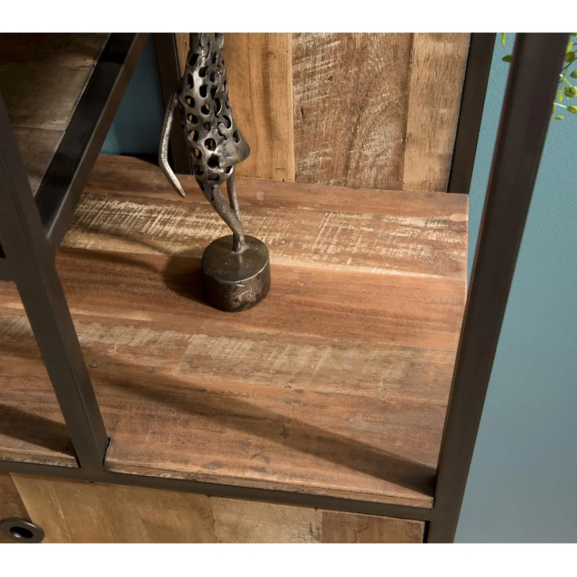 Macabane Bibliothèque Haute ALIDA 2 Portes Et 10 Open Space Bois Teck Recyclé Acacia Mahogany Et Métal