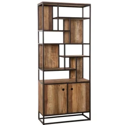 Macabane Bibliothèque Haute ALIDA 2 Portes Et 10 Open Space Bois Teck Recyclé Acacia Mahogany Et Métal