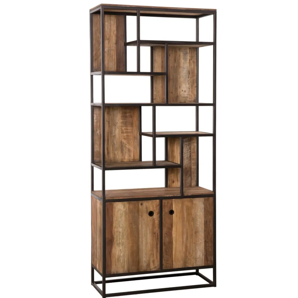 Macabane Bibliothèque Haute ALIDA 2 Portes Et 10 Open Space Bois Teck Recyclé Acacia Mahogany Et Métal