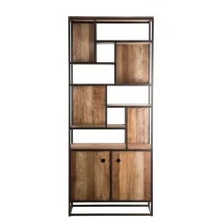 Macabane Bibliothèque Haute ALIDA 2 Portes Et 10 Open Space Bois Teck Recyclé Acacia Mahogany Et Métal