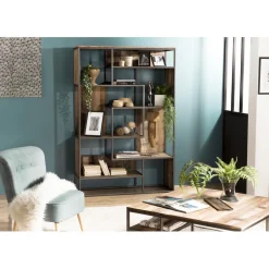 Macabane Bibliothèque SIXTINE 6 Niveaux Avec 6 Open Space Bois Teck Recyclé Acacia Mahogany Et Métal Online