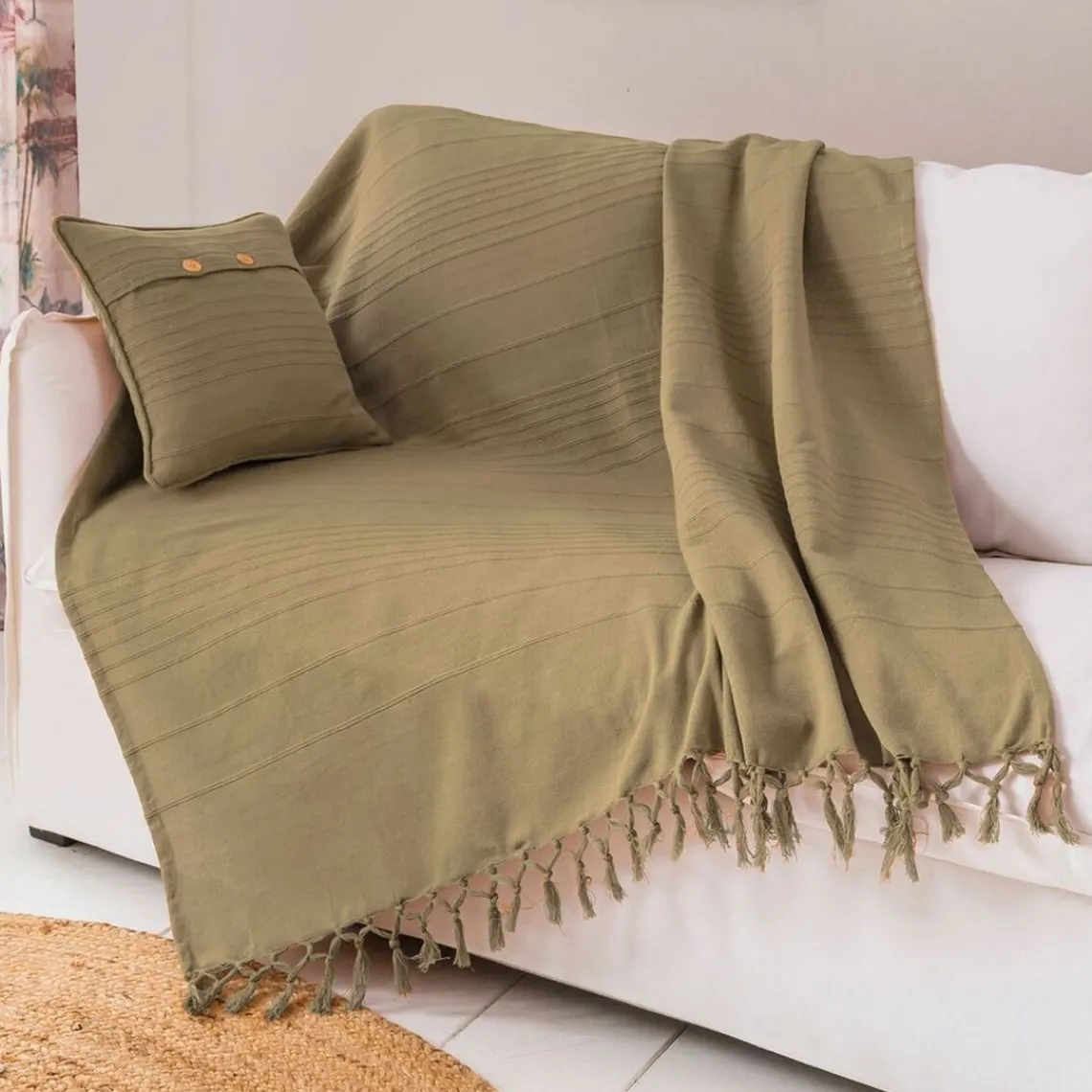 Becquet Boutis, plaid ou jeté de canapé uni en coton ORION- beige Ficelle