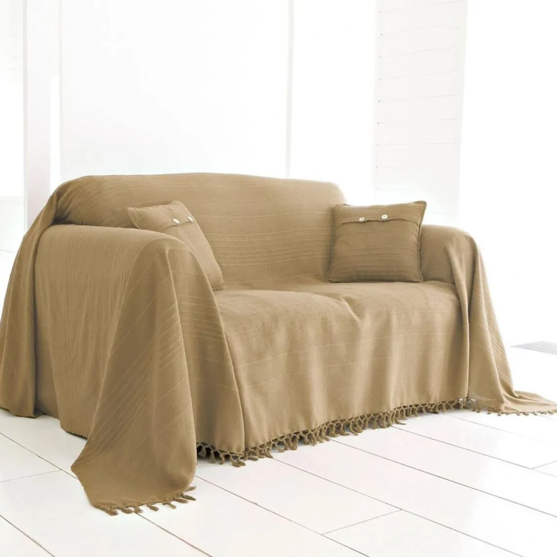 Becquet Boutis, plaid ou jeté de canapé uni en coton ORION- beige Ficelle