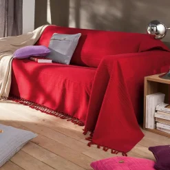 Becquet Boutis, plaid ou jeté de canapé uni en coton ORION - Rouge