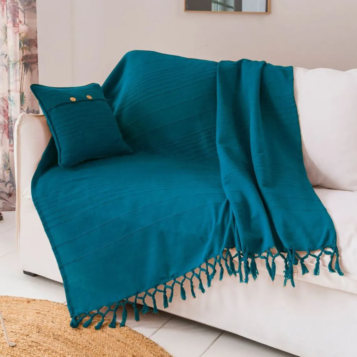 Becquet Boutis, plaid ou jeté de canapé uni en coton ORION bleu canard Hot