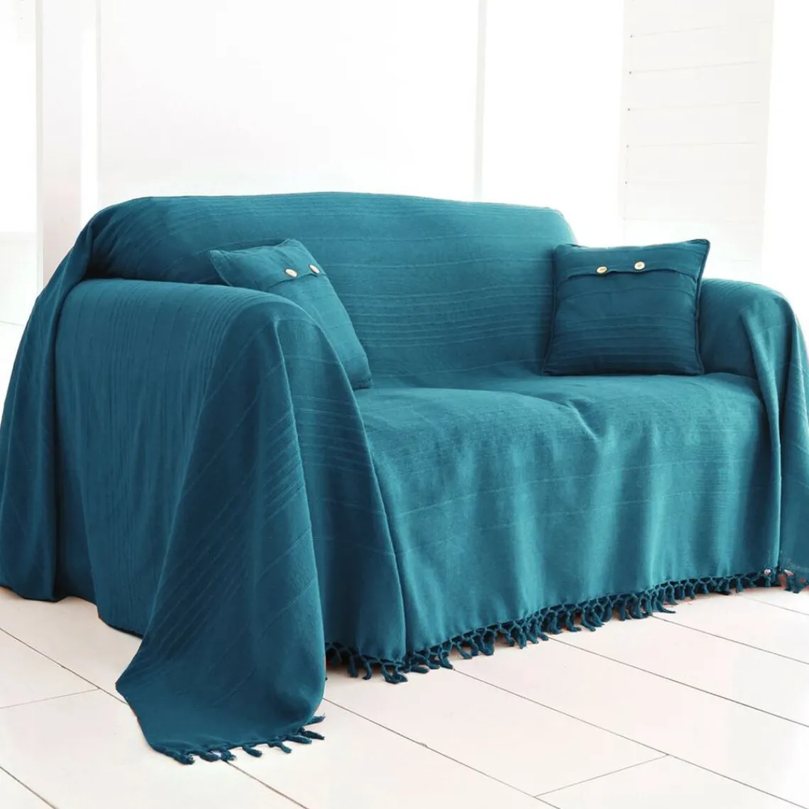 Becquet Boutis, plaid ou jeté de canapé uni en coton ORION bleu canard Hot