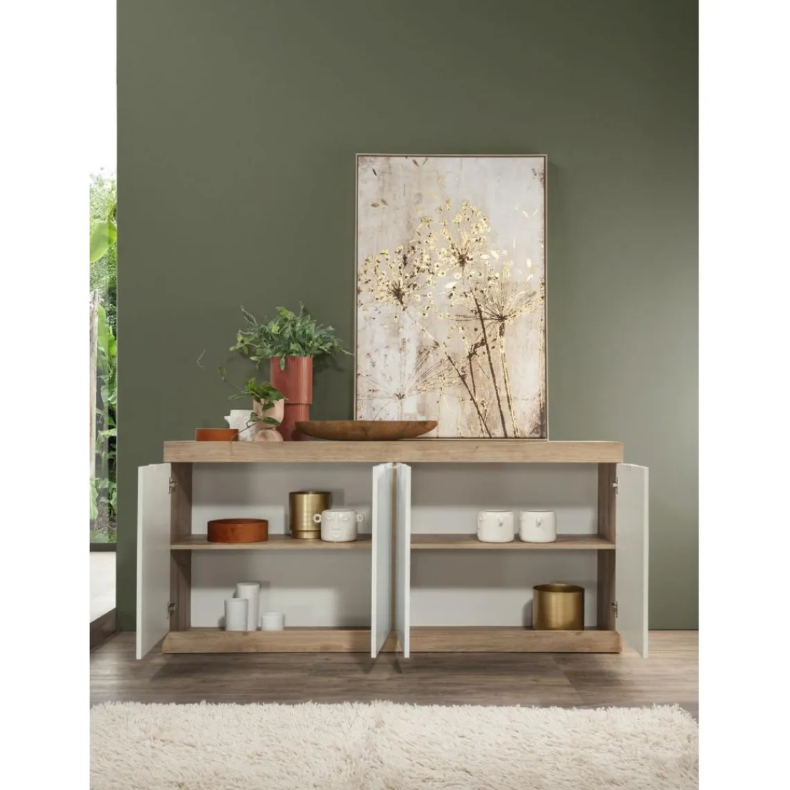 3S. x Home Buffet 4 portes chene cadiz blanc laqué brillant Discount