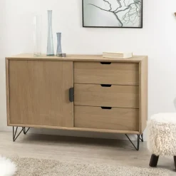 Macabane Buffet 1 porte 3 tiroirs pieds épingle en métal - Marron Clearance