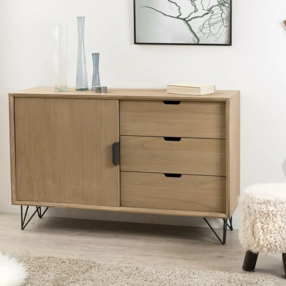 Macabane Buffet 1 porte 3 tiroirs pieds épingle en métal - Marron Clearance