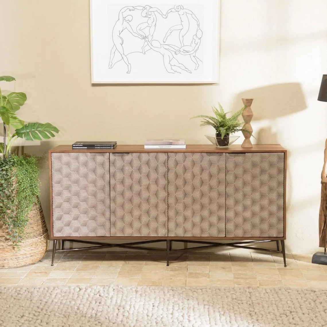 Macabane Buffet 4 portes à motifs ethniques et pieds croisés Hot