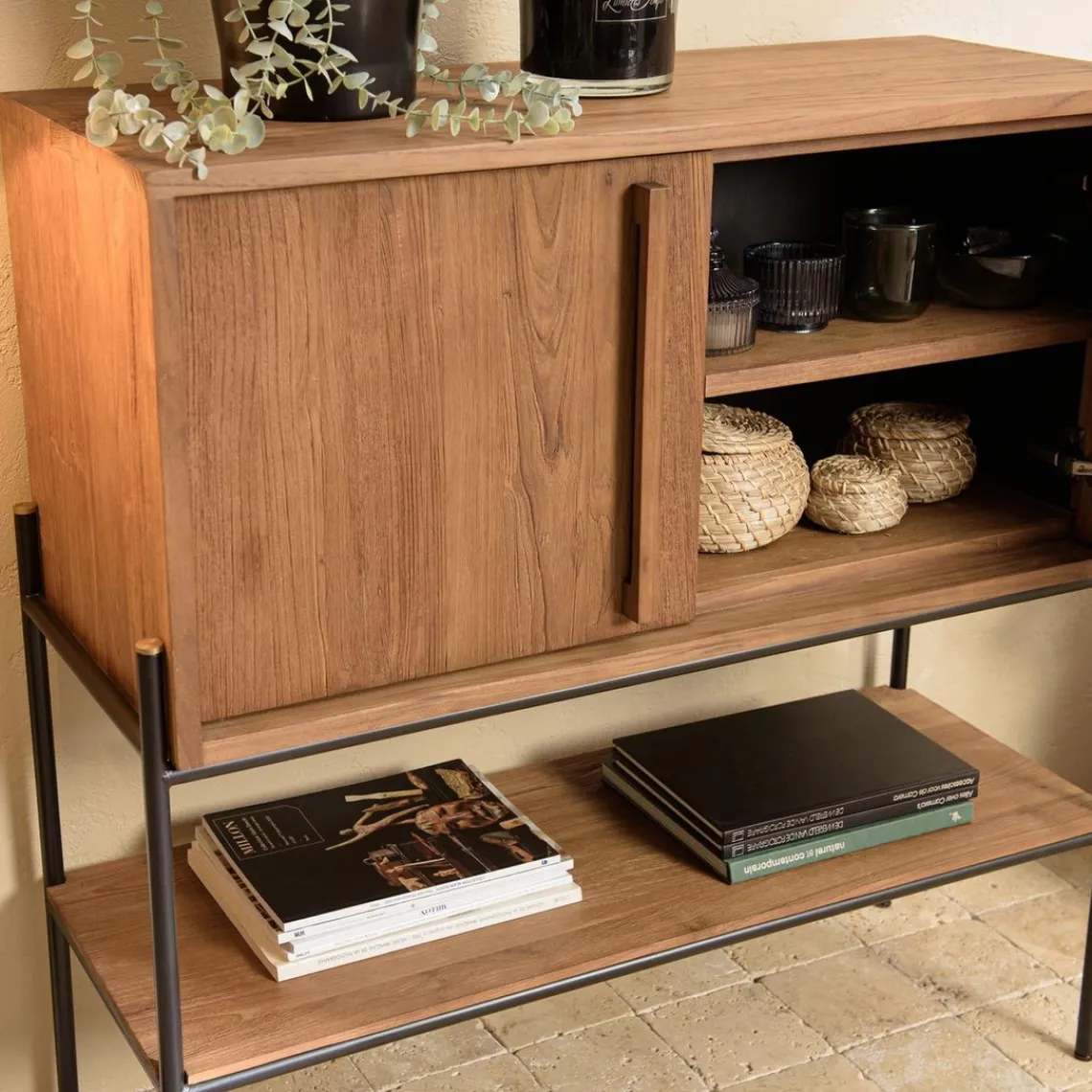 Macabane Buffet 2 portes 1 niche en bois de teck recyclé naturel Discount