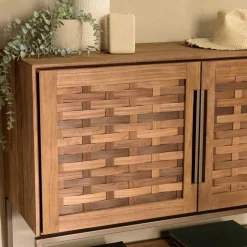 Macabane Buffet 2 portes, 2 étagères amovible en bois de teck recyclé et acier New