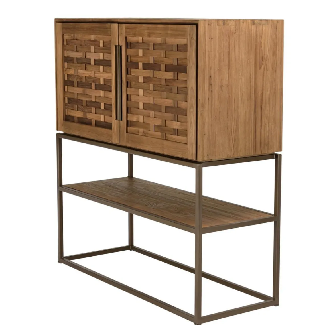 Macabane Buffet 2 portes, 2 étagères amovible en bois de teck recyclé et acier New