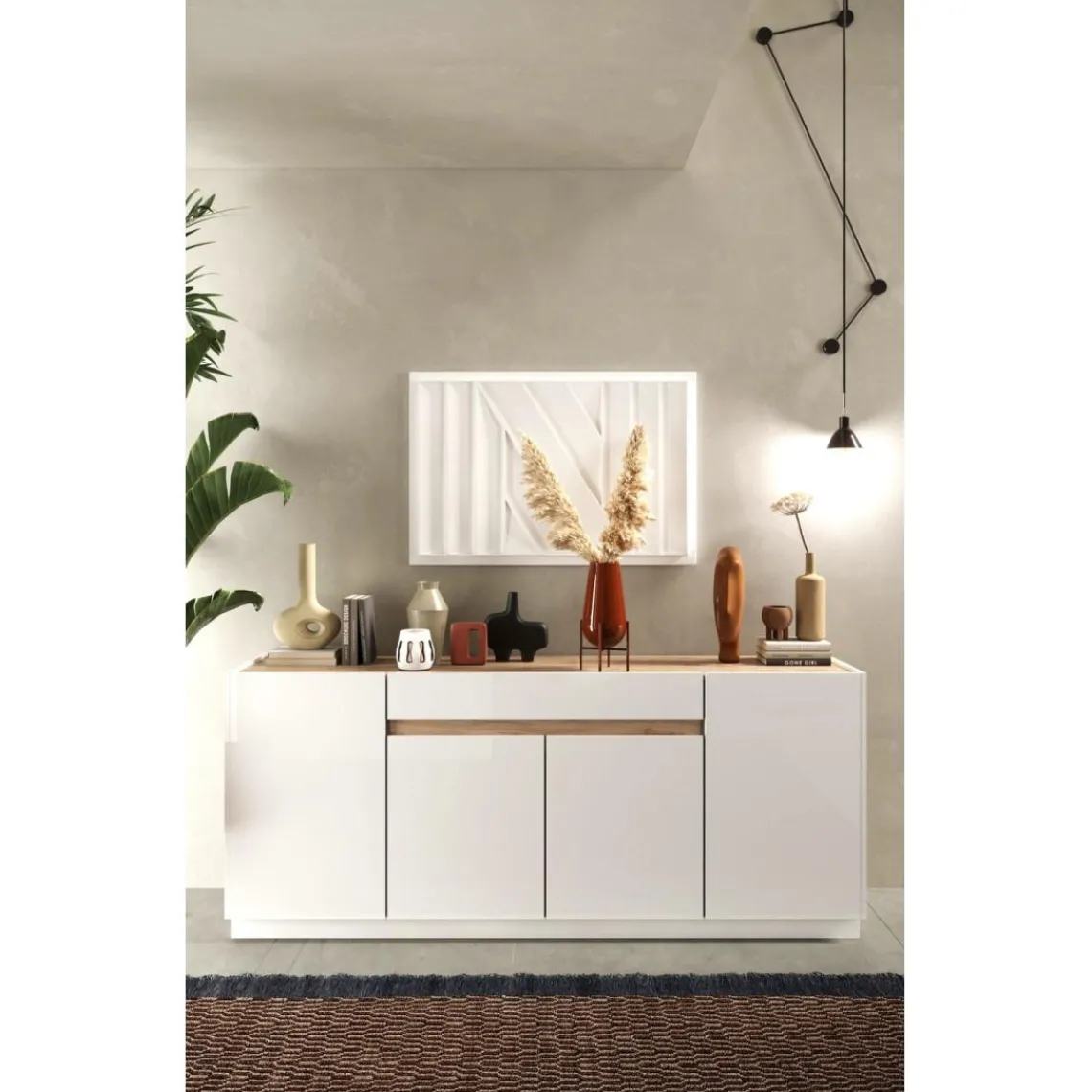 3S. x Home Buffet 4 portes 1 tiroir blanc laqué chene Hot