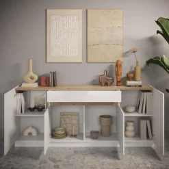 3S. x Home Buffet 4 portes 1 tiroir blanc laqué chene Hot