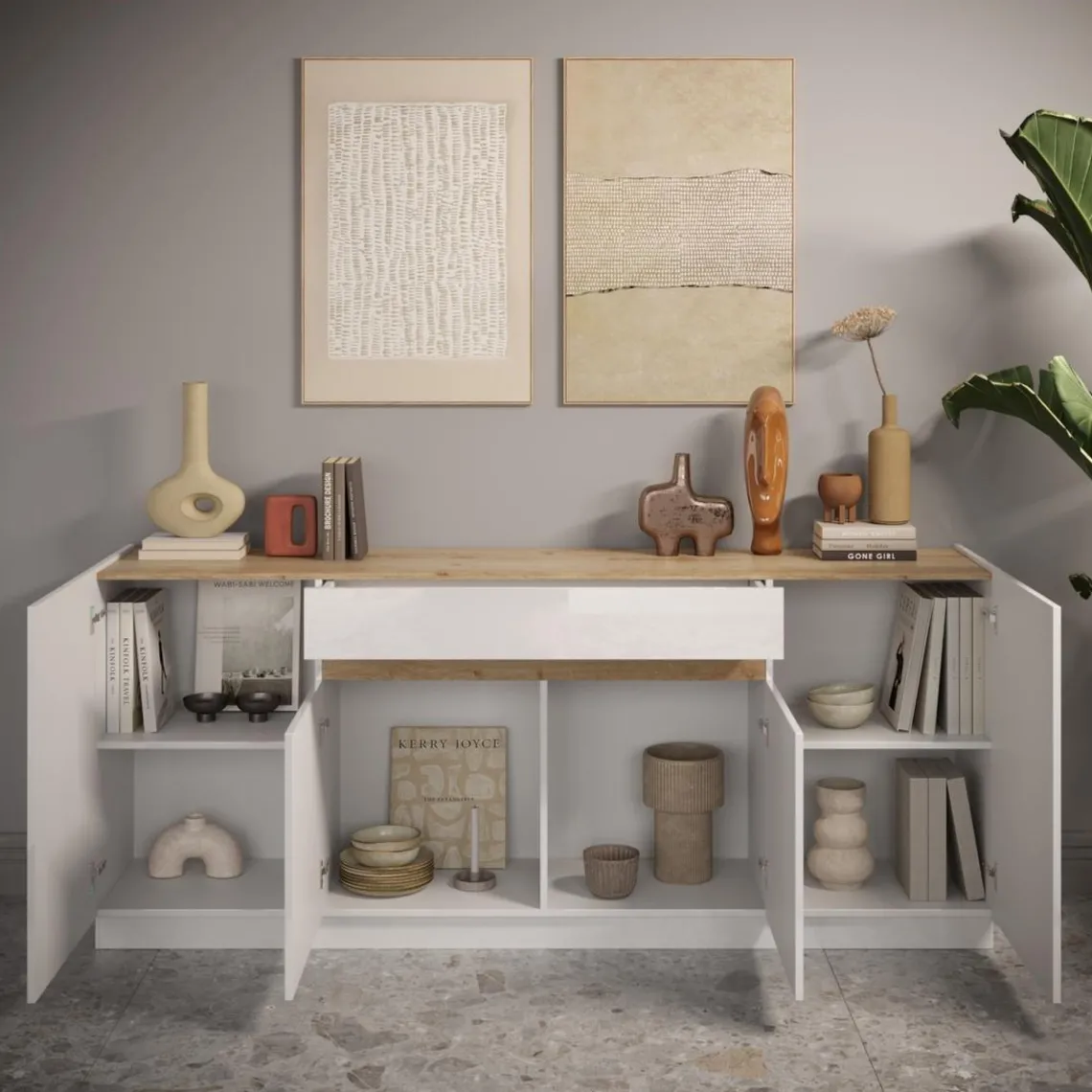 3S. x Home Buffet 4 portes 1 tiroir blanc laqué chene Hot