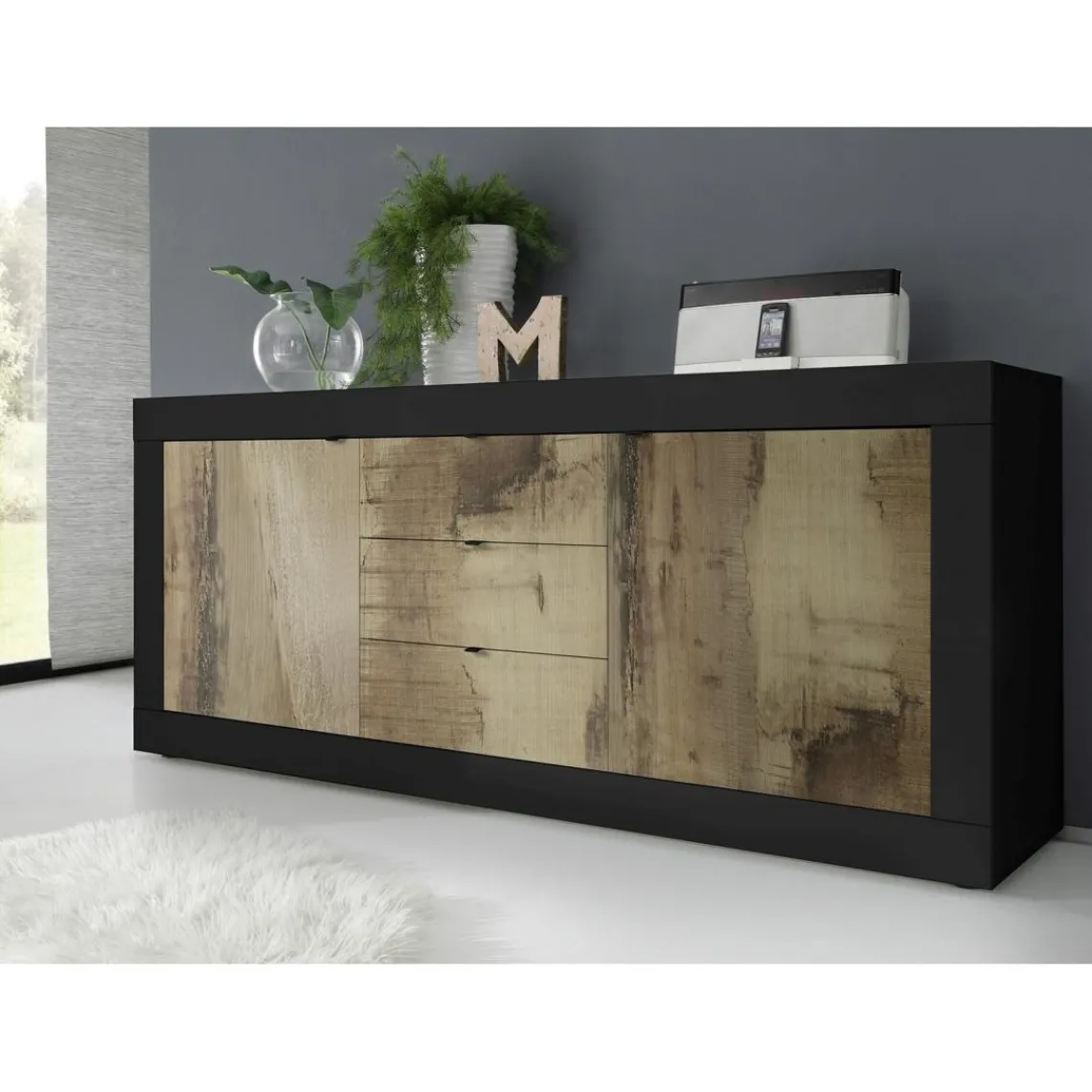 3S. x Home Buffet 2 portes 3 tiroirs bicolore effet bois New