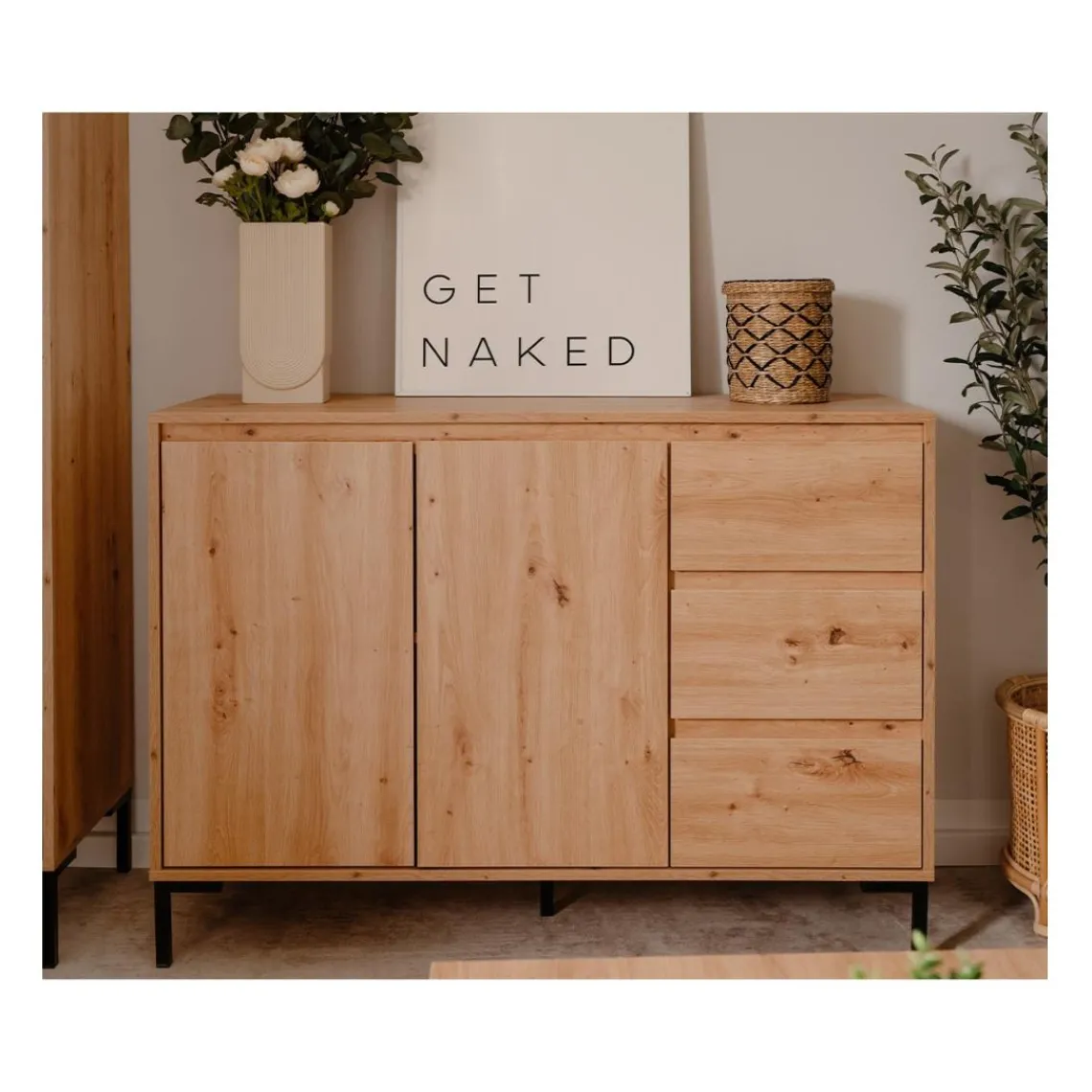 Calicosy Buffet 2 portes 3 tiroirs et 1 étagère PLOCK Beige Outlet