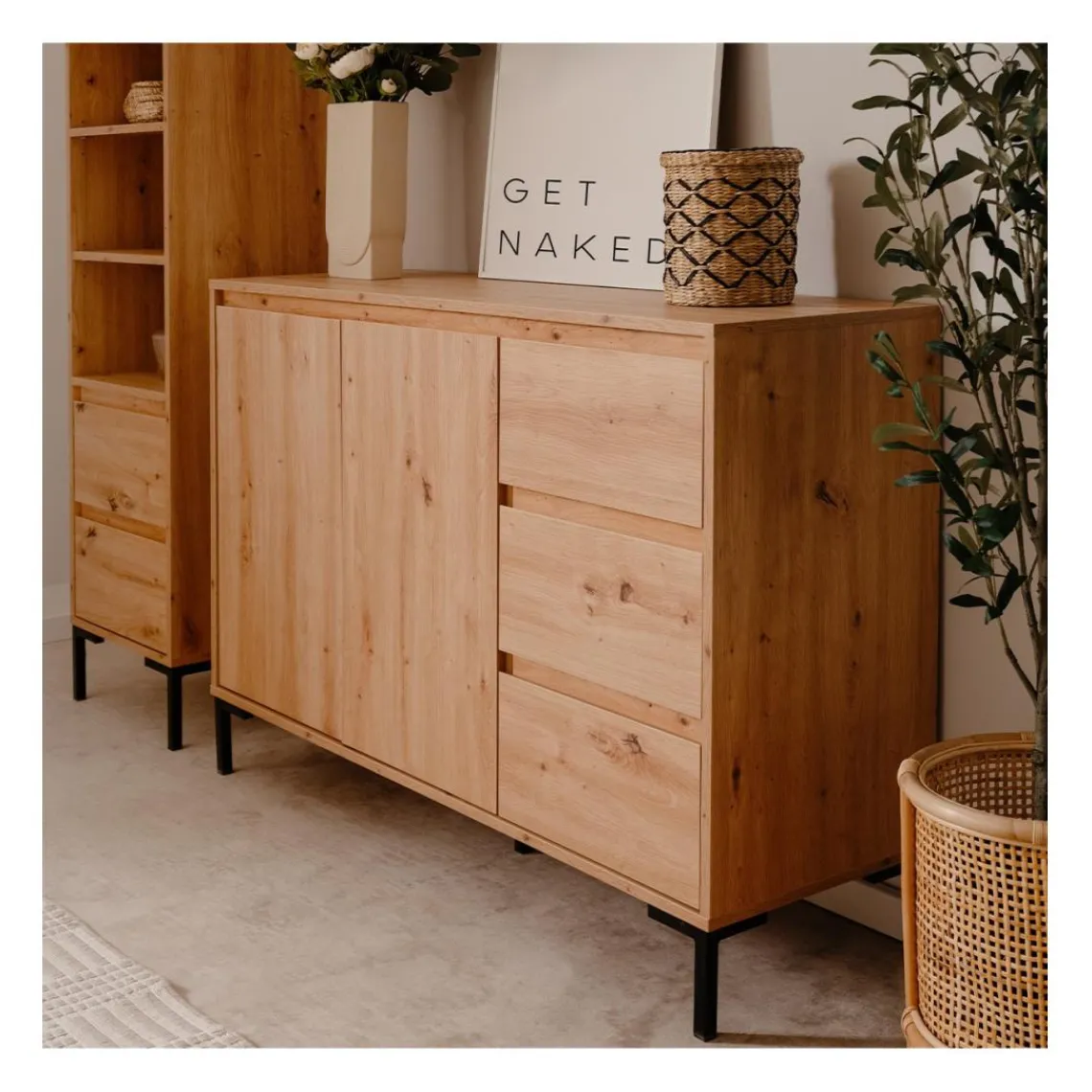 Calicosy Buffet 2 portes 3 tiroirs et 1 étagère PLOCK Beige Outlet