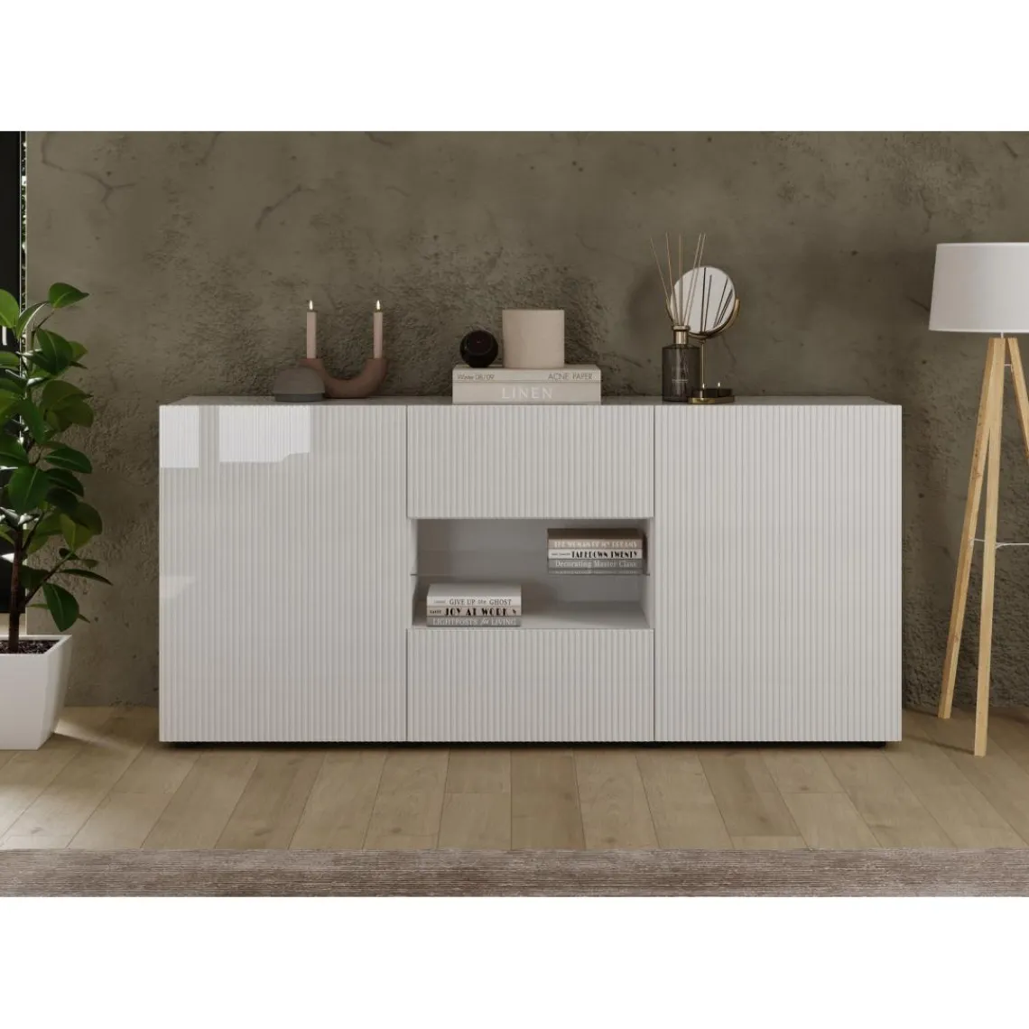 3S. x Home Buffet 2 portes 2 tiroirs RIO blanc laqué brillant Outlet