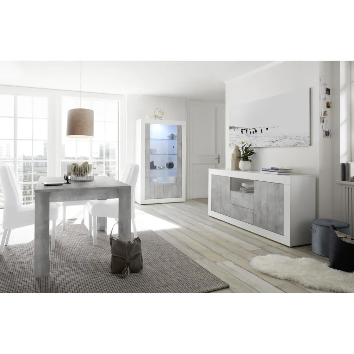 3S. x Home Buffet 2 portes battantes et 2 tiroirs URBINO blanc laqué et ciment Sale