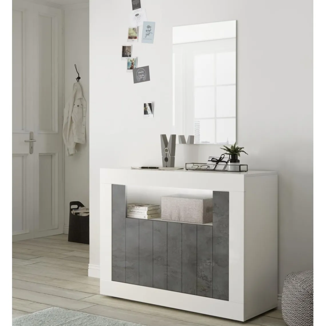 3S. x Home Buffet 2 portes battantes URBINO blanc laqué et oxyde Sale