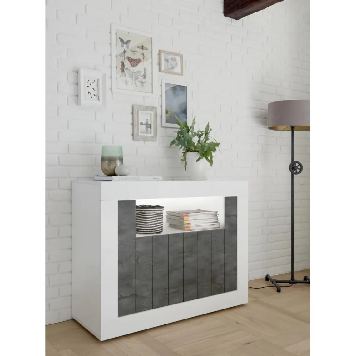 3S. x Home Buffet 2 portes battantes URBINO blanc laqué et oxyde Sale