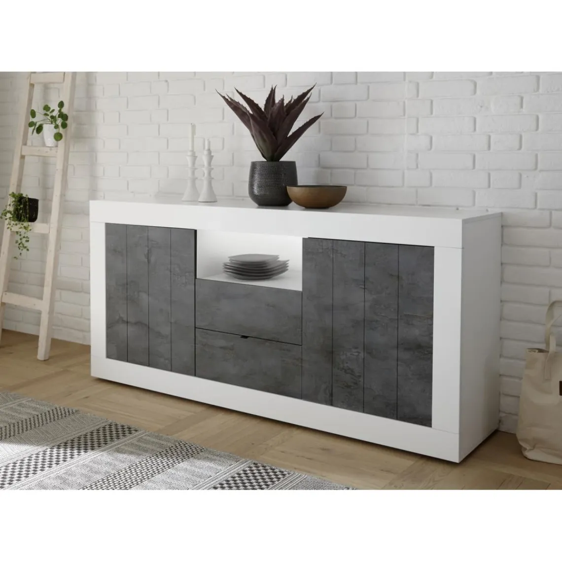 3S. x Home Buffet 2 portes battantes et 2 tiroirs URBINO blanc laqué et oxyde Outlet