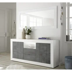3S. x Home Buffet 2 portes battantes et 2 tiroirs URBINO blanc laqué et oxyde Outlet