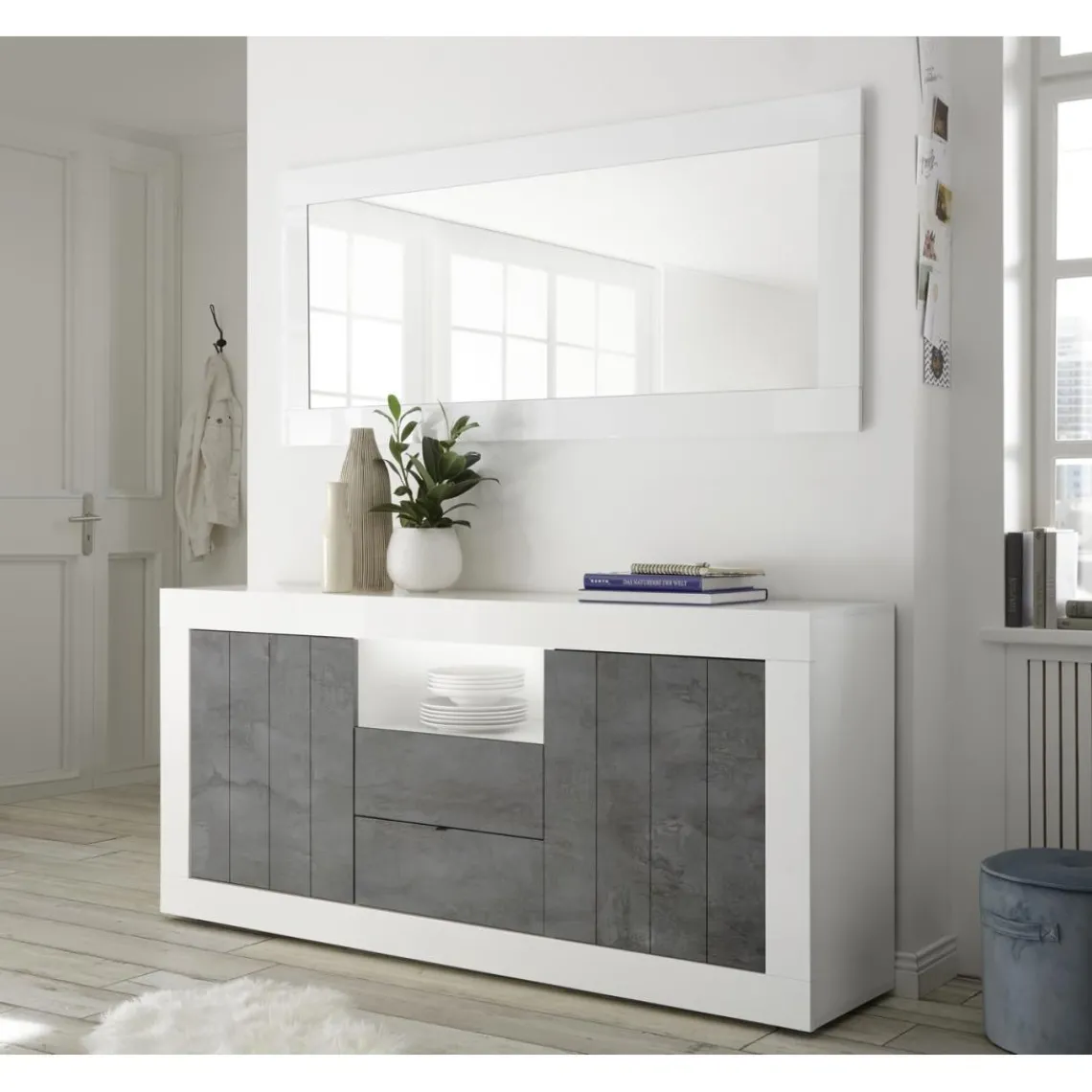3S. x Home Buffet 2 portes battantes et 2 tiroirs URBINO blanc laqué et oxyde Outlet