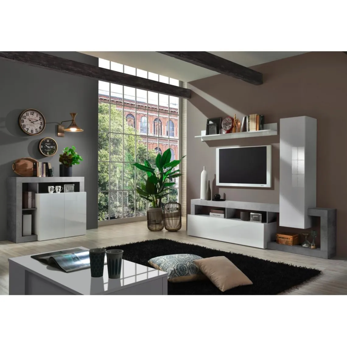 3S. x Home Buffet 2 portes blanc lacqué brillant béton Online