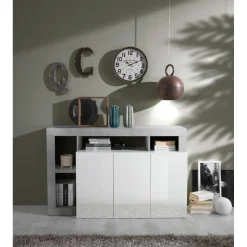 3S. x Home Buffet 3 portes blanc lacqué brillant béton Hot