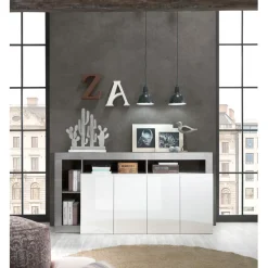 3S. x Home Buffet 4 portes blanc lacqué brillant béton Best